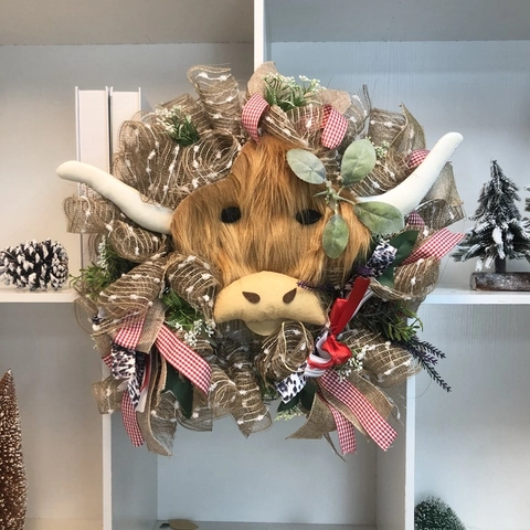 Ghirlanda Primaverile Mucca delle Highlands per Porta d'Ingresso Fattoria Ghirlanda in Iuta Fatta a Mano con Fiori Decorazione