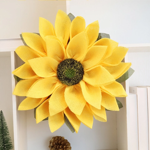 Handmade Sunflower Fabric Mesh Wreath Door Wall Hanging Decoration Artificial Burlap Flower For Home Shop Window Display