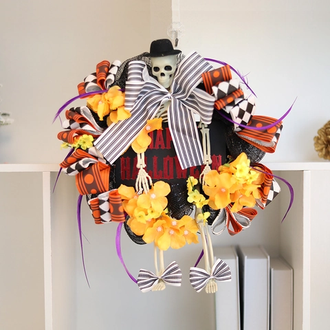 Ghirlanda Di Scheletro Di Halloween Con Cappello Nero E Fiocchi Di Nastro Ornamento Appeso Per Porta D'ingresso Festa Casa Infestata