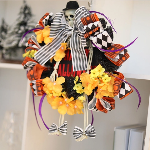 Ghirlanda Di Scheletro Di Halloween Con Cappello Nero E Fiocchi Di Nastro Ornamento Appeso Per Porta D'ingresso Festa Casa Infestata