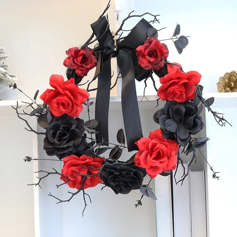 Gothische Halloween Kunstmatige Rozenkrans Met Dode Takken Zwarte Strik Spookhuis Horror Feest Hangende Decoratie