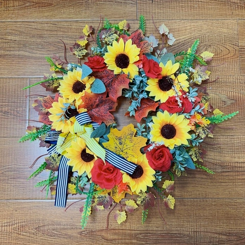 Ghirlanda Artificiale Girasole Rosa Campagna Francese Foglia di Acero Con Fiocco Decorazione Autunnale Casa Parete Porta