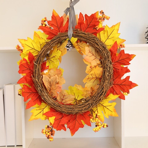 Ghirlanda del Raccolto Autunnale Foglia d'Acero Zucca Pigna Cotone Ghirlanda Artificiale per Decorazione Casa Parete Porta