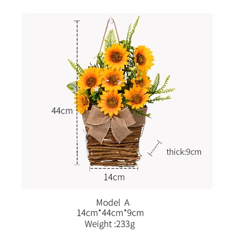 Artificial Sunflower Flower Basket Wall Hanging Decor Burlap Bow Woven Wreath For Home Front Door Rural Farmhouse Decoration