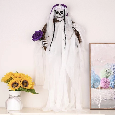 Decorazione Appesa Ghirlanda in Vimini Sposa e Sposo Scheletro di Halloween Festa Casa Stregata Ornamento Fantasma Gotico