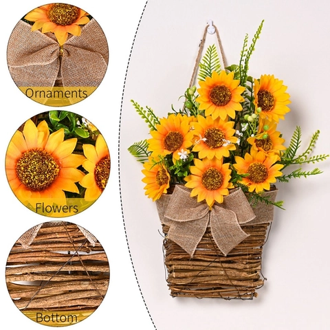 Artificial Sunflower Flower Basket Wall Hanging Decor Burlap Bow Woven Wreath For Home Front Door Rural Farmhouse Decoration