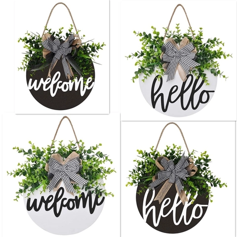 Rustic Hello Welcome Door Hanger Round Wooden Sign With Artificial Eucalyptus Greenery And Plaid Bow Front Door Wall Decor For Home Farmhouse