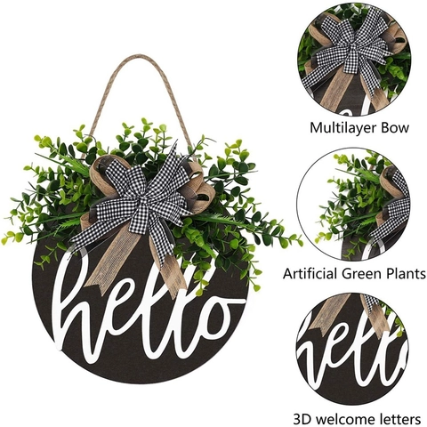 Rustic Hello Welcome Door Hanger Round Wooden Sign With Artificial Eucalyptus Greenery And Plaid Bow Front Door Wall Decor For Home Farmhouse