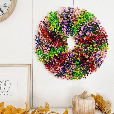 Artificial Baby's Breath Flower Wreath Multicolor Plastic Handmade Floral Garland For Home Living Room Wall Door Hanging Decor