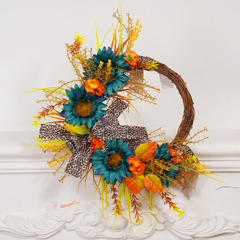 Herbst Sonnenblume Kranz Mit Leopardenmuster Schleife Handgefertigt Amerikanischen Pastoralen Stil Haustür Hängen Ahornblatt Haus Dekoration