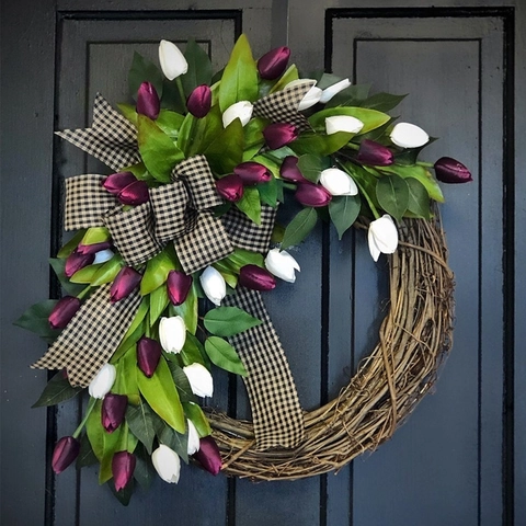 Ghirlanda di Tulipani Artificiali Anello di Rattan Intrecciato a Mano Decorazione da Porta per Casa Giardino Parete Ornamento Floreale Con Fiocco