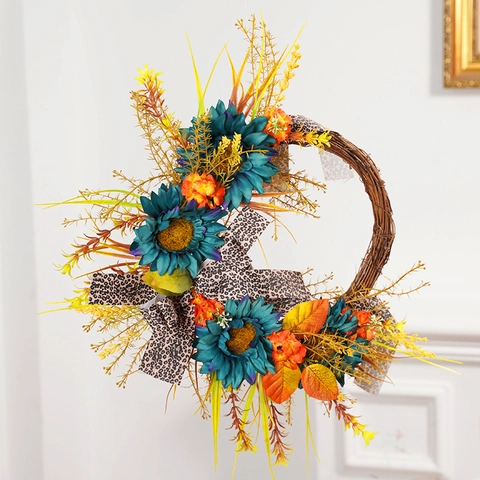 Herbst Sonnenblume Kranz Mit Leopardenmuster Schleife Handgefertigt Amerikanischen Pastoralen Stil Haustür Hängen Ahornblatt Haus Dekoration