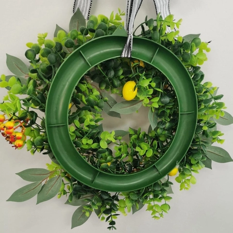 Summer Artificial Lemon Red Berry Wreath Farmhouse Green Leaves Decoration With Striped Bow For Front Door Wall Home Decor