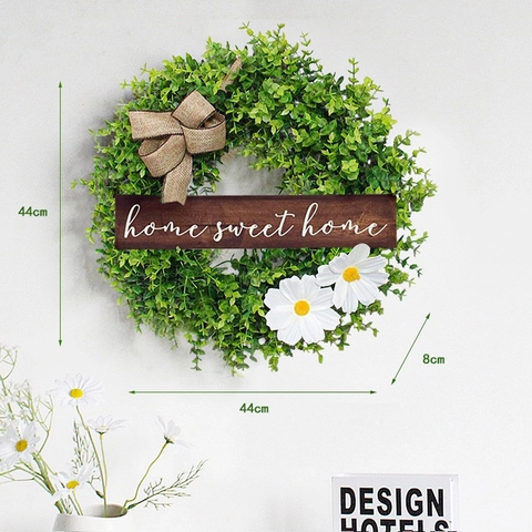 Artificial Eucalyptus Wreath Home Sweet Home Wood Sign Decoration Hanging Wreath With Burlap Bow Daisy Flowers For Wall Decor