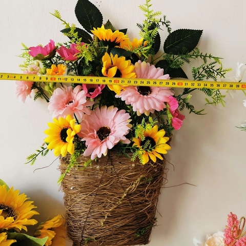 Artificial Spring Flower Basket Wreath Wall Hanging Decor For Home Door Wall Decoration Pastoral Style Sunflower Gerbera Floral Arrangement