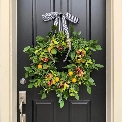 Summer Artificial Lemon Red Berry Wreath Farmhouse Green Leaves Decoration With Striped Bow For Front Door Wall Home Decor