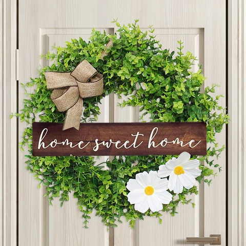 Artificial Eucalyptus Wreath Home Sweet Home Wood Sign Decoration Hanging Wreath With Burlap Bow Daisy Flowers For Wall Decor