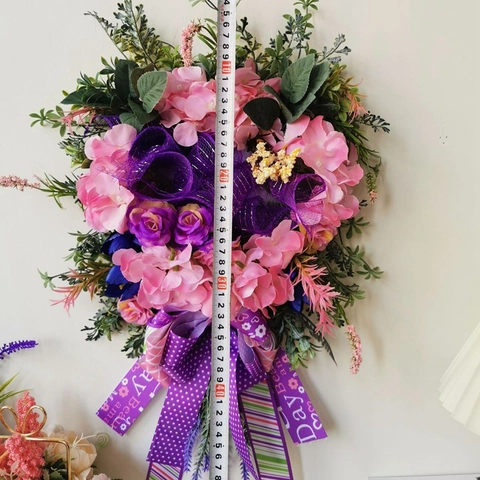Artificial Floral Wreath Mother's Day Pink Hydrangea Purple Rose Wall Hanging Door Decor Ornament With Polka Dot Ribbon Bow