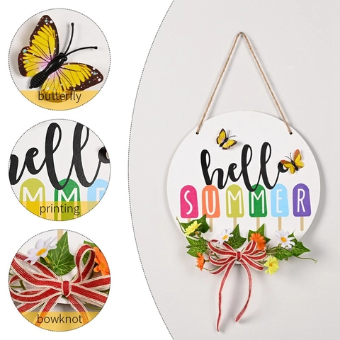 Hello Summer Round Plastic Door Sign Welcome Wreath With Artificial Greenery Striped Bowknot Printed Hanging Home Decor
