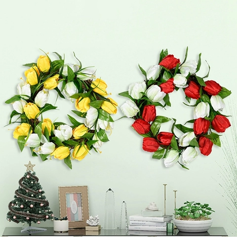Artificial Tulip Wreath Summer Silk Flower Garland With Natural Rattan Ring Home Decoration Wedding Party Front Door Hanging Decor