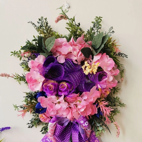 Artificial Floral Wreath Mother's Day Pink Hydrangea Purple Rose Wall Hanging Door Decor Ornament With Polka Dot Ribbon Bow