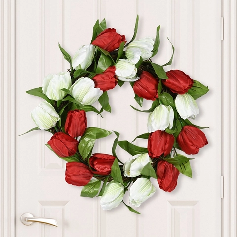 Artificial Tulip Wreath Summer Silk Flower Garland With Natural Rattan Ring Home Decoration Wedding Party Front Door Hanging Decor