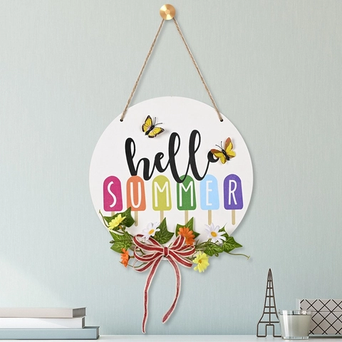Hello Summer Round Plastic Door Sign Welcome Wreath With Artificial Greenery Striped Bowknot Printed Hanging Home Decor