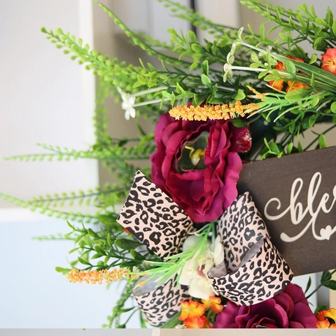 Artificial Thanksgiving Wreath With Blessed Wood Sign Leopard Print Bow Rose Floral Garland For Front Door Wall Home Decor