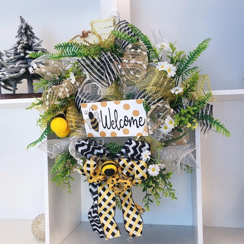Ghirlanda Con Targa In Legno Welcome Per Festa Delle Api Fiore Di Simulazione Fiocco Giallo Nero Stile Rurale Casa Decorazione