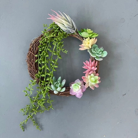 Artificial Succulent Wreath Hand Woven Natural Rattan Base With Plastic Plants For Home Wall Hanging Pastoral Style Decor