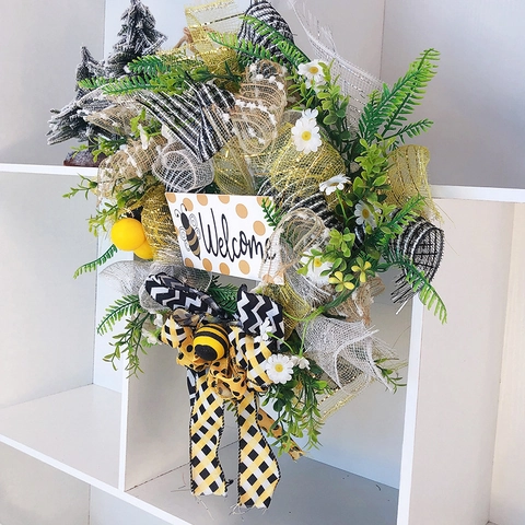 Ghirlanda Con Targa In Legno Welcome Per Festa Delle Api Fiore Di Simulazione Fiocco Giallo Nero Stile Rurale Casa Decorazione