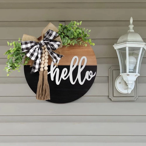 Targa per Porta Hello in Legno Rustico Appendino di Benvenuto per Porta Anteriore Placca Rotonda Farmhouse Decor Con Eucalipto e Fiocco Plaid