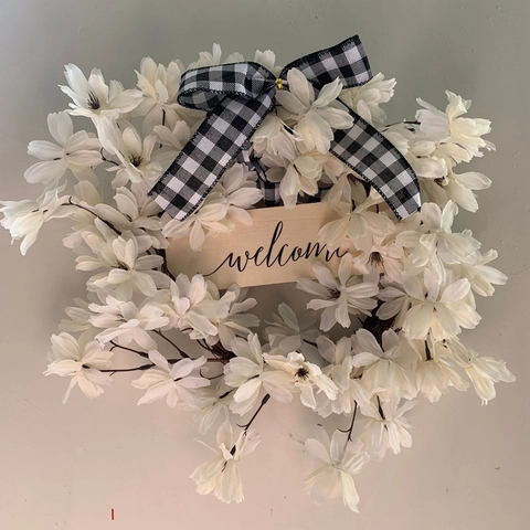 Artificial Pear Blossom Wreath With Welcome Sign Checkered Bowknot White Floral Door Hanging For Home Wedding Party Decor