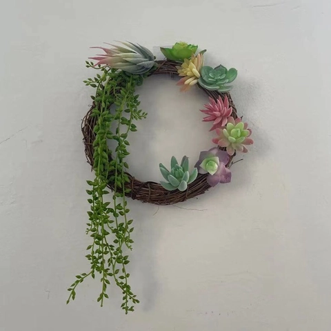 Artificial Succulent Wreath Hand Woven Natural Rattan Base With Plastic Plants For Home Wall Hanging Pastoral Style Decor