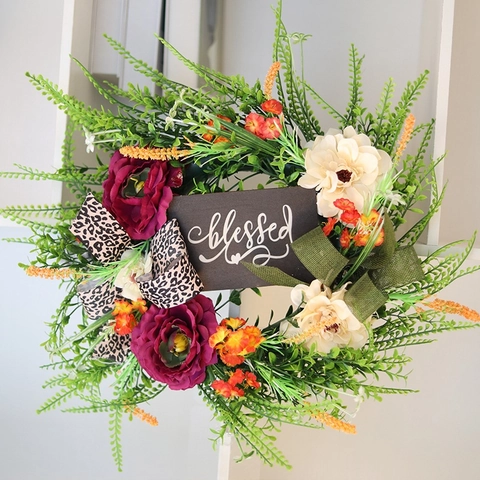 Artificial Thanksgiving Wreath With Blessed Wood Sign Leopard Print Bow Rose Floral Garland For Front Door Wall Home Decor