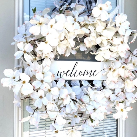 Artificial Pear Blossom Wreath With Welcome Sign Checkered Bowknot White Floral Door Hanging For Home Wedding Party Decor