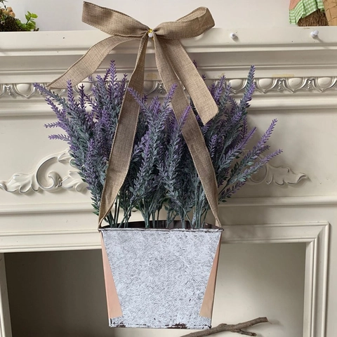 Cesto di Fiori di Lavanda Artificiale Rustico Decorazione da Parete Composizione Floreale Viola Con Fiocco di Iuta per Casa