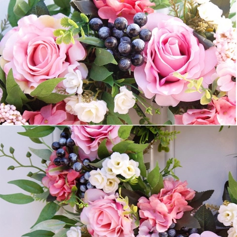 European Style Pink Rose Artificial Wreath For Front Door Home Decor Handmade Floral Wall Hanging For Spring Mother's Day Decoration