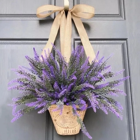 Artificial Lavender Hanging Flower Basket Wreath Burlap Bow Rustic Farmhouse Door Wall Decor Home Garden