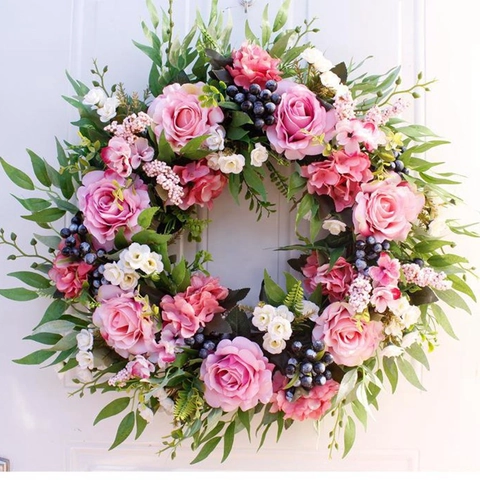 European Style Pink Rose Artificial Wreath For Front Door Home Decor Handmade Floral Wall Hanging For Spring Mother's Day Decoration
