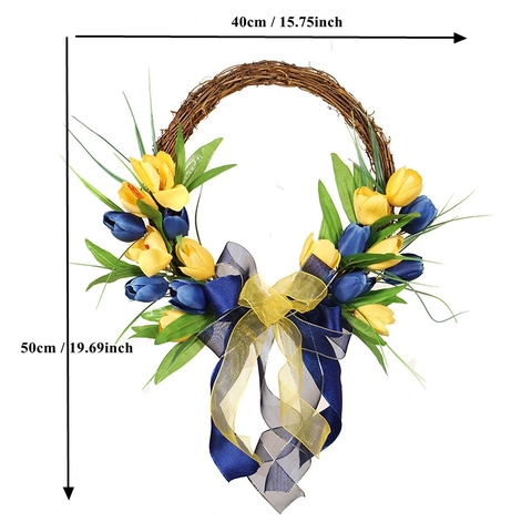 Handmade Artificial Tulip Wreath With Large Ribbon Bow Yellow And Blue Simulated Flower Garland For Home Door Wall Decoration