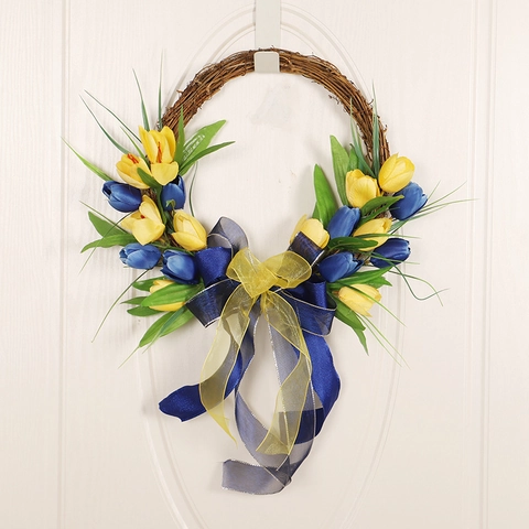 Handmade Artificial Tulip Wreath With Large Ribbon Bow Yellow And Blue Simulated Flower Garland For Home Door Wall Decoration