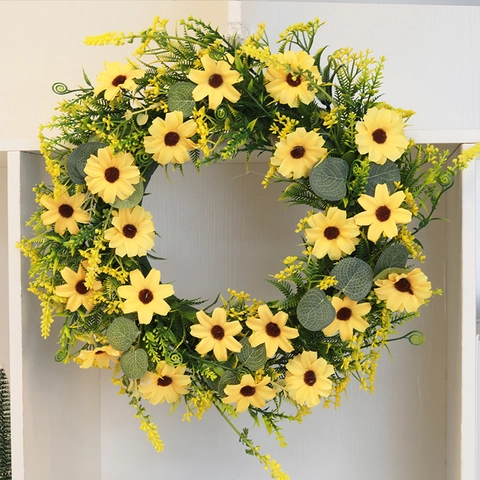 Artificial Sunflower Wreath 35cm Home Door Wall Decoration Yellow Floral Vine Ring Garland For Spring Summer Party Decor