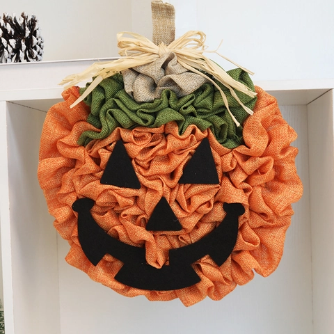Halloween Kürbis Sackleinen Kranz Jack-O-Lantern Gesicht Orange Grün Stoff Herbst Ernte Hängedekoration Party Haus Deko