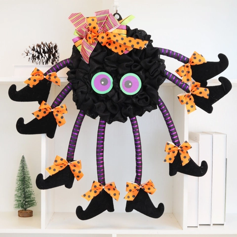 Halloween Witch Leg Spider Wreath Pendant Hanging Ornament Fabric Ribbon Decor For Haunted House Party Home Decoration