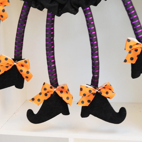 Halloween Witch Leg Spider Wreath Pendant Hanging Ornament Fabric Ribbon Decor For Haunted House Party Home Decoration