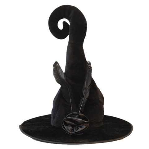 Cappello da Strega di Halloween in Velluto Nero Cappello da Festa in Costume Goth Punta Ricurva Con Piuma e Decorazione a Rosa