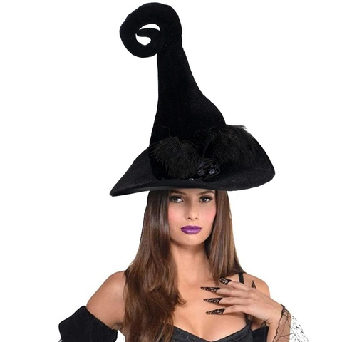 Cappello da Strega di Halloween in Velluto Nero Cappello da Festa in Costume Goth Punta Ricurva Con Piuma e Decorazione a Rosa