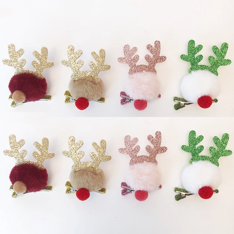 Weihnachten Rentier Geweih Pompon Haarklammern Set Plüsch Pailletten Metall Entenschnabel Clips Feiertag Party Haarschmuck Festliche Dekoration