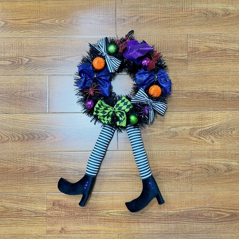 Halloween Corona in Plastica con Gambe di Strega Decorazione da Porta con Zucca Ragno per Casa Stregata Spaventosa Feste
